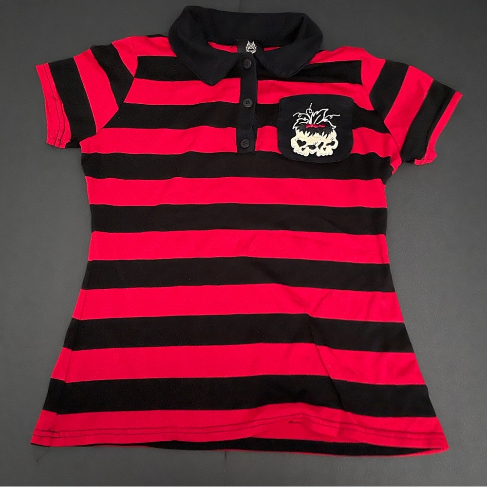 🔥 Attempt Red & Black Skull Polo | Y2K Goth Scene Aesthetic 🔥